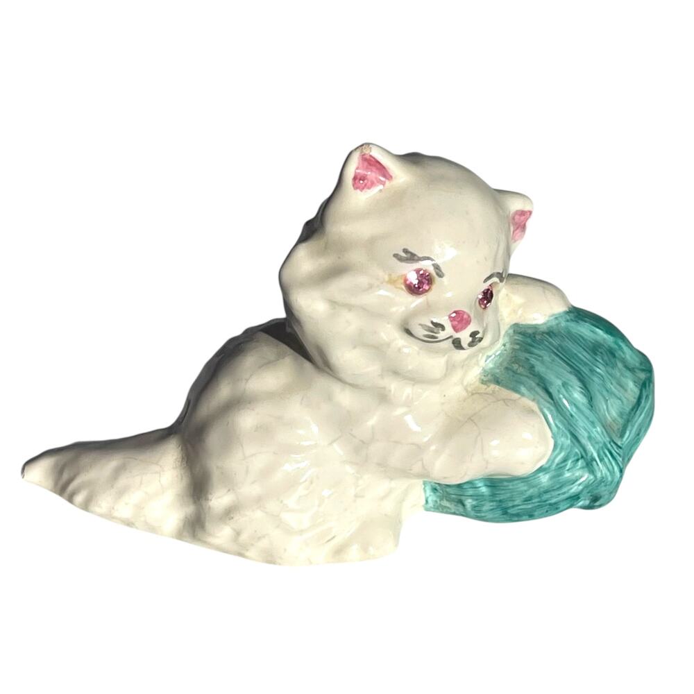 Vintage White Kitten Figurine Pink Rhinestone Eyes Blue Yarn Japan